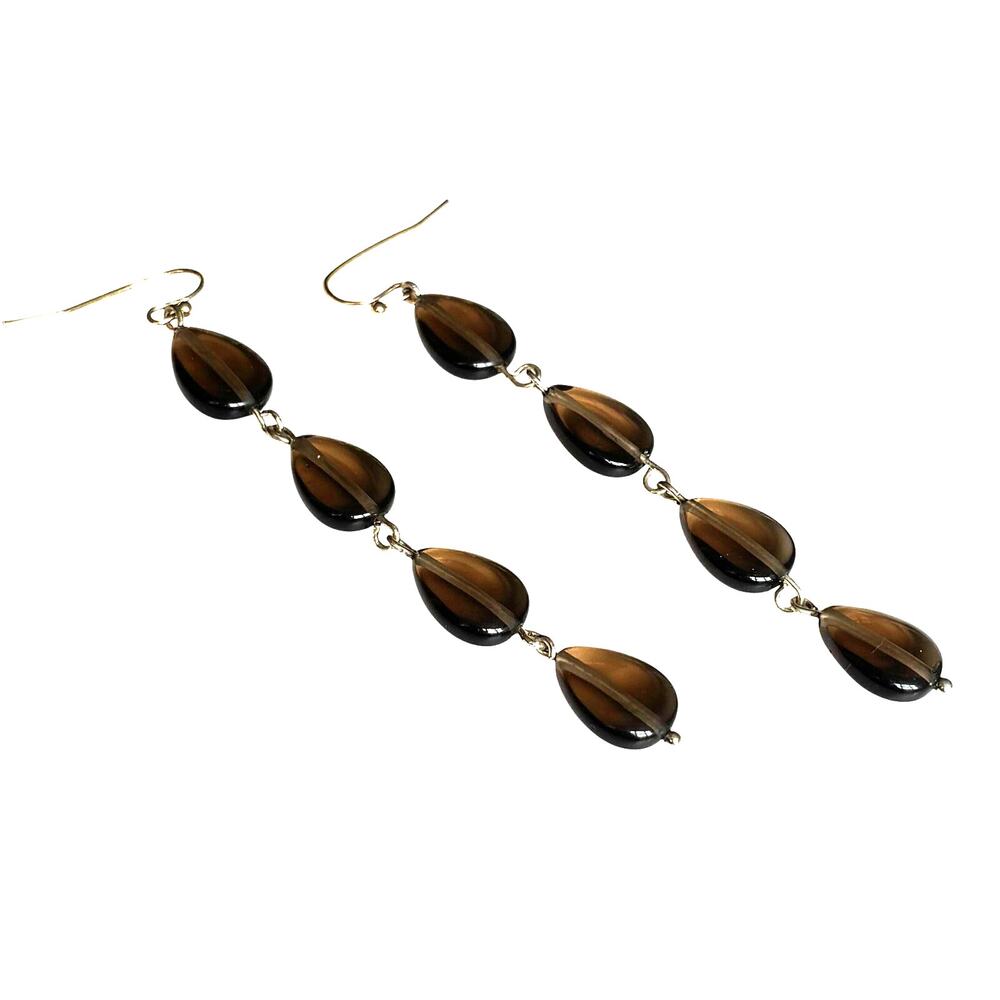 Pierced earrings long beaded tassels drop & dangle style goldtone & smoky brown